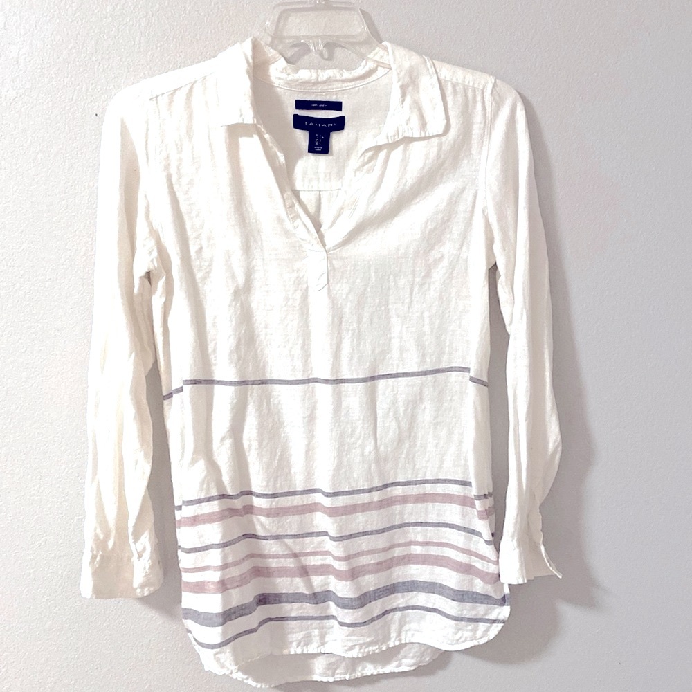 Tahari Linen Top Creamy White with Gray and Wine Size S